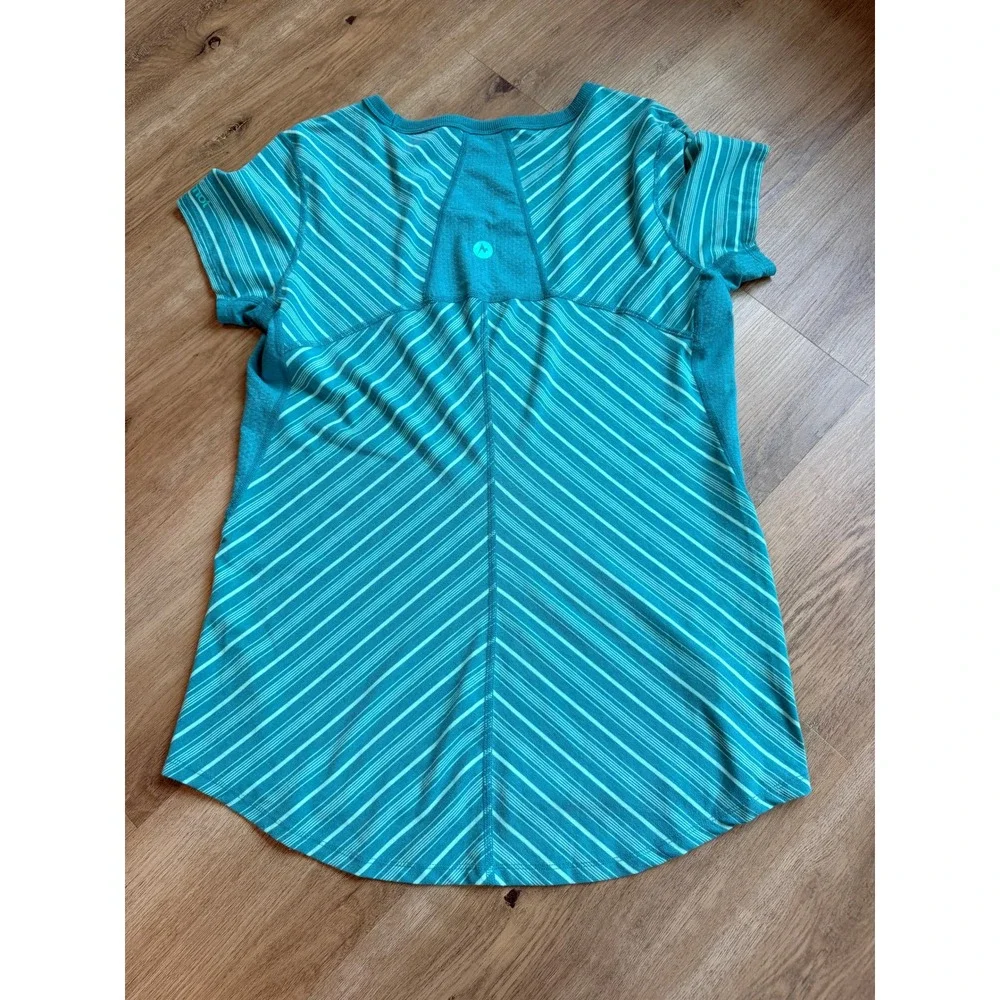 Marmot Womens Teal Striped V-Neck Activewear T-Shirt Size Large Short Sleeve‎